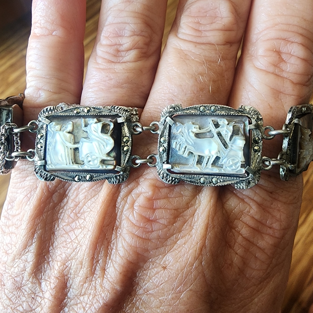 Antique Art Deco Mother Of Pearl Cameo Sterling Silver Bracelet Marcasite - Picture 7 of 10